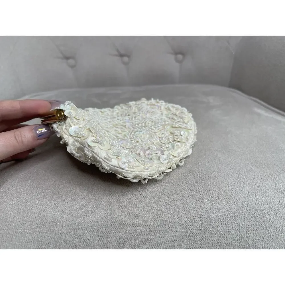 Vintage White Beaded Sequin Evening Clutch Bag Gold Kisslock Japan 5 X 6.5in